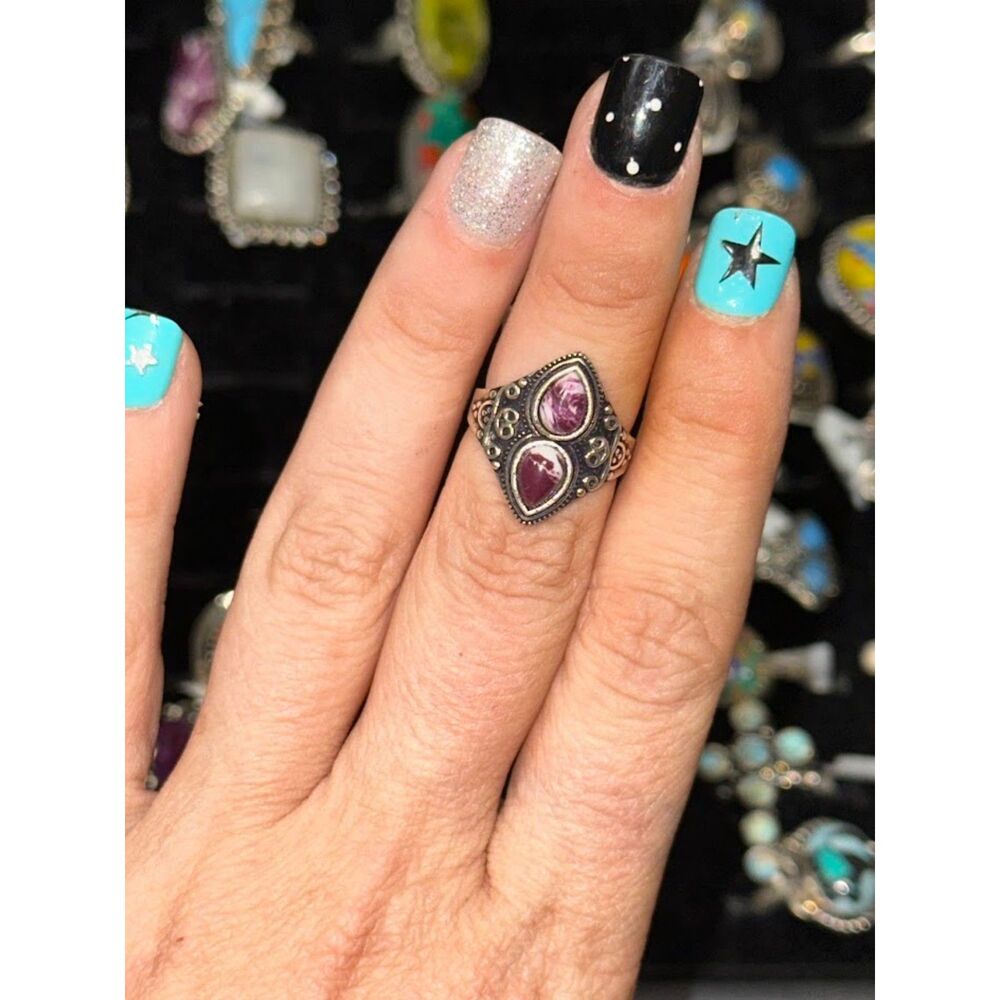 Purple Dahlia 2 Stone Sterling Overlay Ring Size 6